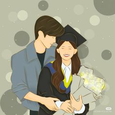 a man and woman in graduation gowns looking at each other with congratulations written on them