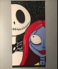 a painting of a girl with red hair next to a creepy skeleton on a wall