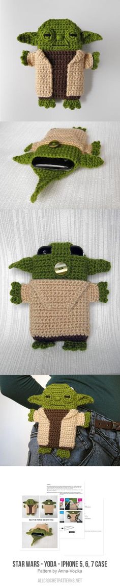 the crocheted yoda star wars pattern is shown in three different sizes and colors