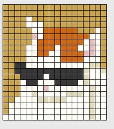 a cross stitch pattern with a dog's face in orange, white and black