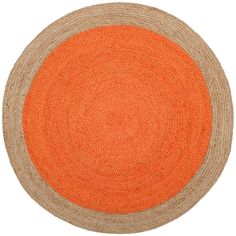 an orange and beige round rug on a white background, with the center circle made out of jute