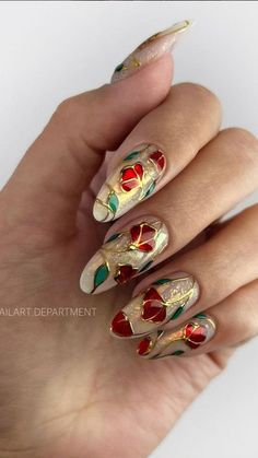 Holiday Nails Unique, Red Christmas Nails With Design, Christmas Maximalist Nails, Christmas Nails Vintage, Whimsical Christmas Nails, Pagan Yule Nails, Unique Holiday Nails, Vintage Christmas Nail Art, Pointsetta Nail Design