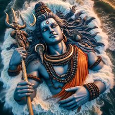 a painting of a hindu god holding a staff in his hands and surrounded by waves