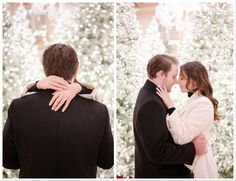 a man and woman standing next to each other in front of a tree with white lights