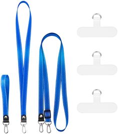 three blue lanyards with metal hooks on each side and two white lanyard clips attached to them