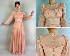 "You'll be sipping tea and frolicking in the flowers when you slip into this peachy pink 1940s gown! Made of a sheer organza and fully lined in coordinating satin everywhere except for the illusion neckline and long balloon sleeves. Sleeves snap at the wrist, and small self covered buttons fasten up the back. Features a ruffle detail at the neckline, waist, and wrists. This gown is in great vintage condition with no stains, holes nor odors to note. Measurements taken flat and doubled where appro 1940s Gown, 40s Outfits, Sipping Tea, Cocktail Dress Vintage, Peachy Keen, Illusion Neckline, Pink Maxi, 1940s Fashion, Historical Dresses