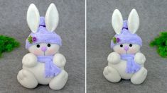 two pictures of a stuffed bunny with flowers on it's head, one is white and the other is purple