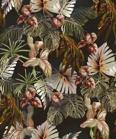 a floral wallpaper with tropical leaves and flowers on a black background, in shades of brown