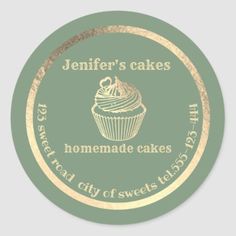 a green and gold cupcake sticker with the words,'jenny's cakes are