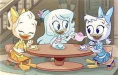 three cartoon characters are sitting at a table