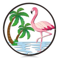 a pink flamingo standing in the water next to two palm trees