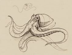 a drawing of an octopus with its mouth open and tentacles curled up in the air