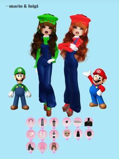 mario and luigi are standing next to each other with different outfits on their chests,