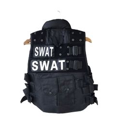 a black vest with the words swat on it and two buckles at the back