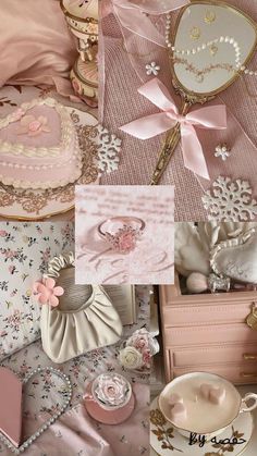 a collage of pink and white items on a table with ribbons, pillows, napkins, and other decorative objects