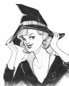 a black and white drawing of a woman wearing a hat with her hands on her head