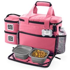 two pink cooler bags with food in them and one has a dog bowl on it