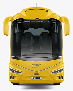 the front end of a yellow bus on a white background