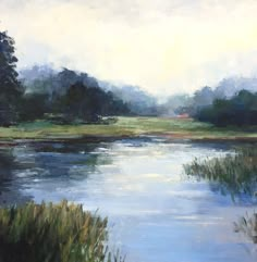 a painting of a river with grass and trees in the background