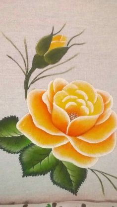 a painting of a yellow rose with green leaves