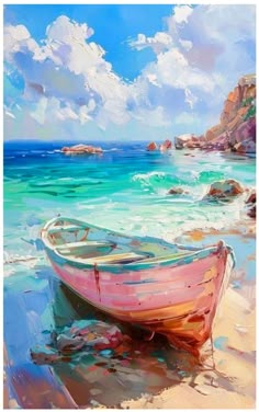 a painting of a pink boat on the beach with blue water and clouds in the background