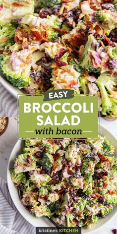 broccoli salad with bacon in a white bowl