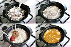 four pictures showing how to make soup in the slow cooker with noodles and meat