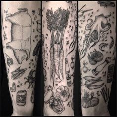 tattoos on the legs of people with different types of vegetables and meats in them