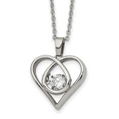 Chisel Stainless Steel Polished Vibrant Cz Heart Pendant On A 16 Inch Cable Chain With A 2 Inch Extension Necklace 5.01 Grams. Fine Jewelry Necklaces, Themed Necklaces, Hearts & Love, Open Hearts, , Finish: Polished, Stone Type 1: Cubic Zirconia (Cz), Stone Quantity 1: 1, Length : 18 In, Chain Length: 16 In, Chain Type: Cable, Chain Width: 1.37 Mm, Charm/Element Length: 19.5 Mm, Charm/Element Width: 19 Mm, Clasp /Connector: Lobster (Fancy), Clasp Thickness (Female End): 0.59 Mm, Clasp Thickness Metal Heart Cut Necklace For Anniversary, Bottle Cap Necklace, Floral Statement Necklace, White Beaded Necklaces, Handmade Pendant Necklace, Stainless Steel Polish, Circle Pendant Necklace, Long Beaded Necklace, Glass Bead Necklace