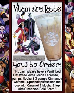 an advertisement for the starbucks coffee drink featuring characters from disney's animated film, how to order