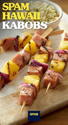 the cover of spam hawaii kabobs with pineapples on skewers