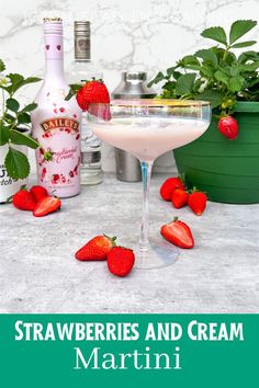 strawberries and cream martini with strawberry garnish