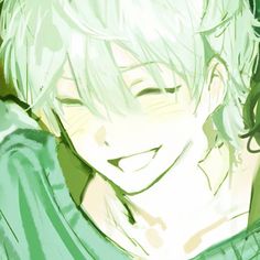 an anime character with blonde hair and green eyes smiles at the camera while holding his hand on his shoulder