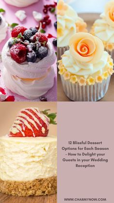 four different desserts with white frosting and berries on top