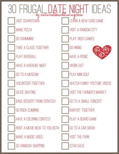 a printable valentine's date night game with the words, 30 frugadale nights