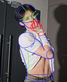 a man standing in front of a mirror with neon lines on his body and chest