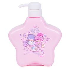 a pink star shaped bottle with hello kitty on it