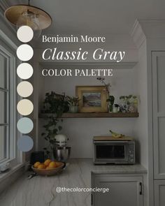 an image of a kitchen with white cabinets and gray counter tops, along with the words behann moore classic gray color palette