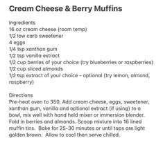 the ingredients for cream cheese and berry muffins are shown in this recipe box