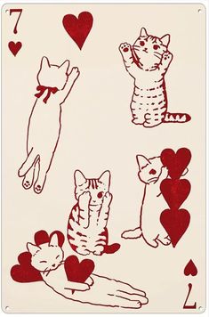 playing cards with cats and hearts drawn on the front, one cat is jumping in the air