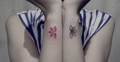 two women with matching tattoos on their arms, both showing the same flower tattoo designs