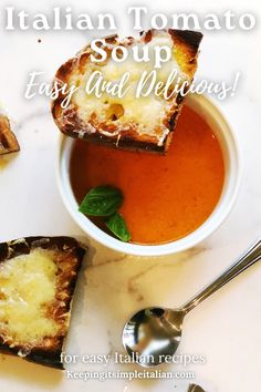 an italian tomato soup is served in a white bowl