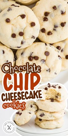 chocolate chip cheesecake cookies are stacked on top of each other in front of the plate