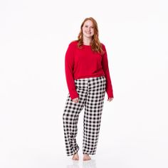 Coordinate with your children or match your older kids who have grown out of the children's sizes with these coordinating women's long sleeve pajama sets! A solid top pairs perfectly with printed pants. Made of 95% viscose from Bamboo and 5% spandex Loose Fitting Pants, Fitting Pants, Red Crewneck, Holiday Plaid, Kickee Pants, Muslin Baby, Loose Tees, Pajama Pant