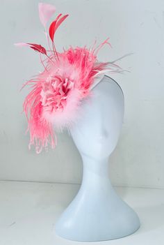 Coral Pink Kentucky Derby Hat,  Coral Pink Derby Fascinator Hat Headband,  Choose Bright Coral Flower Feather Combination or Pink Feather Combination  Each Hat has with loaded with Coqui Feathers, Marabou Feather  and 3 ply Ostrich Feather, on a White Texture Sinamay Disk Hat on a Headband. Message me if you need customization. Send me photos of your outfit Adjustable Top Hat With Feathers For Kentucky Derby, Adjustable Feathered Top Hat For Kentucky Derby, Pink Mini Hat With Feather Trim For Summer, Adjustable Feathered Hats For Kentucky Derby, Adjustable Mini Hat With Feathers For Kentucky Derby, Adjustable Summer Headpiece With Feather Trim, Adjustable Feather Trim Headpieces For Summer, Adjustable Pink Mini Hat With Feathers, Summer Races Ostrich Feather Headpiece