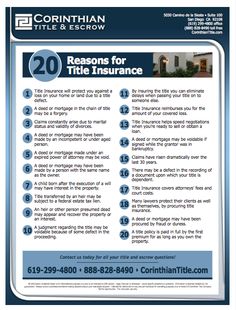 a blue and white flyer with the words 20 reasons for title insurance