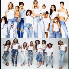 the same group of women in jeans and white shirts are posing for different pictures with each other