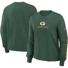 Showcase your loyalty to the Green Bay Packers by padding your gear collection with this Boxy T-shirt from Nike. It features a distinct Green Bay Packers graphic printed across the torso along with a boxy fit for a relaxed feel and freedom of movement. The signature team color ensures your love for your NFL favorites won't go unnoticed and makes it easy to pair this top with your favorite cap or other team-inspired accessory. Nike Green, Green Bay Packers, Green Bay, Team Colors, Womens Clothing Tops, Long Sleeve T Shirt, Nike Women, Nfl, Long Sleeve Tshirt