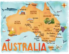 an illustrated map of australia with all the major cities and their names on it's side