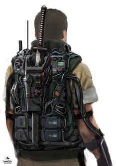 a man wearing a back pack with lots of electronic equipment on it's back